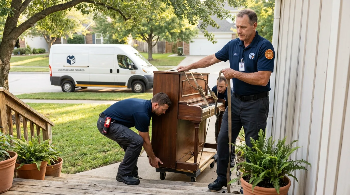 Licensed piano movers securing grand piano in Loves Park, IL