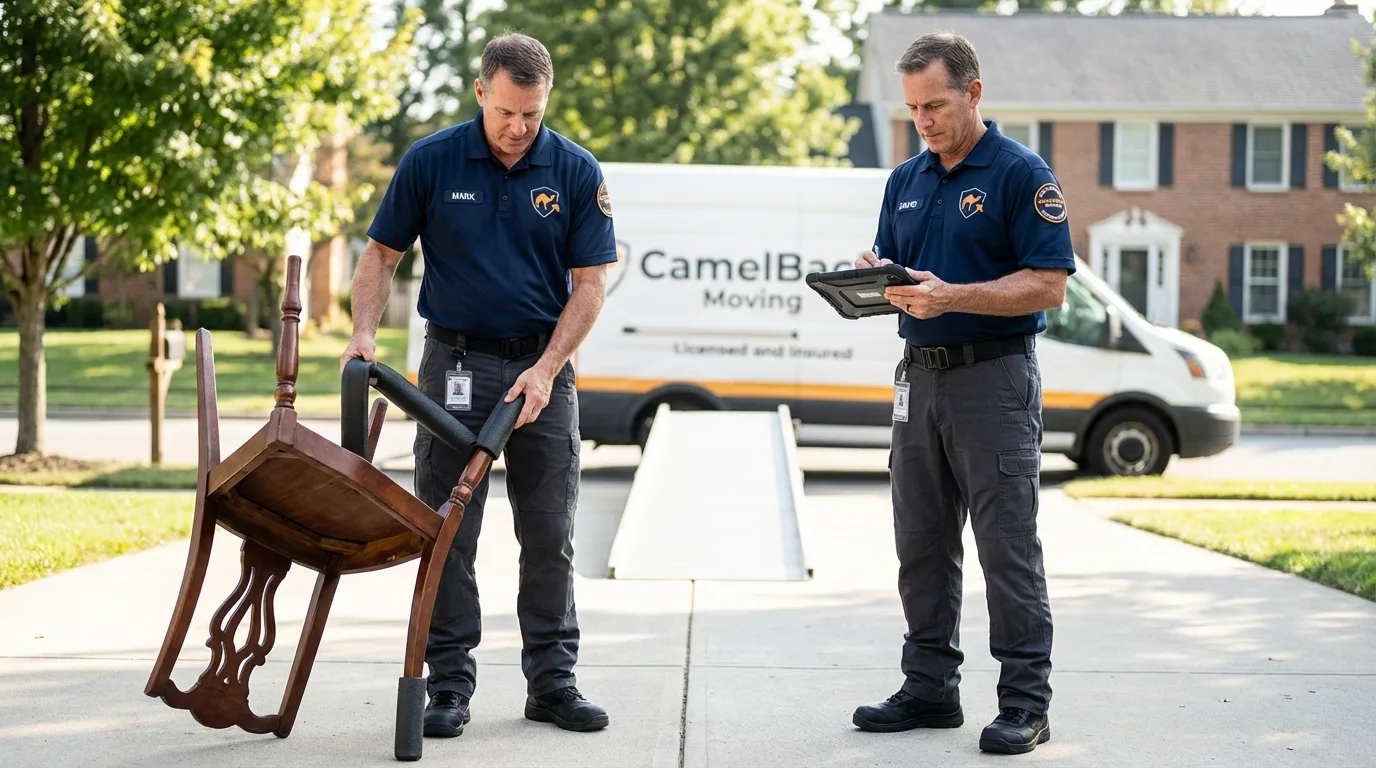 Movers inspecting furniture for damage prevention before loading in Loves Park, IL