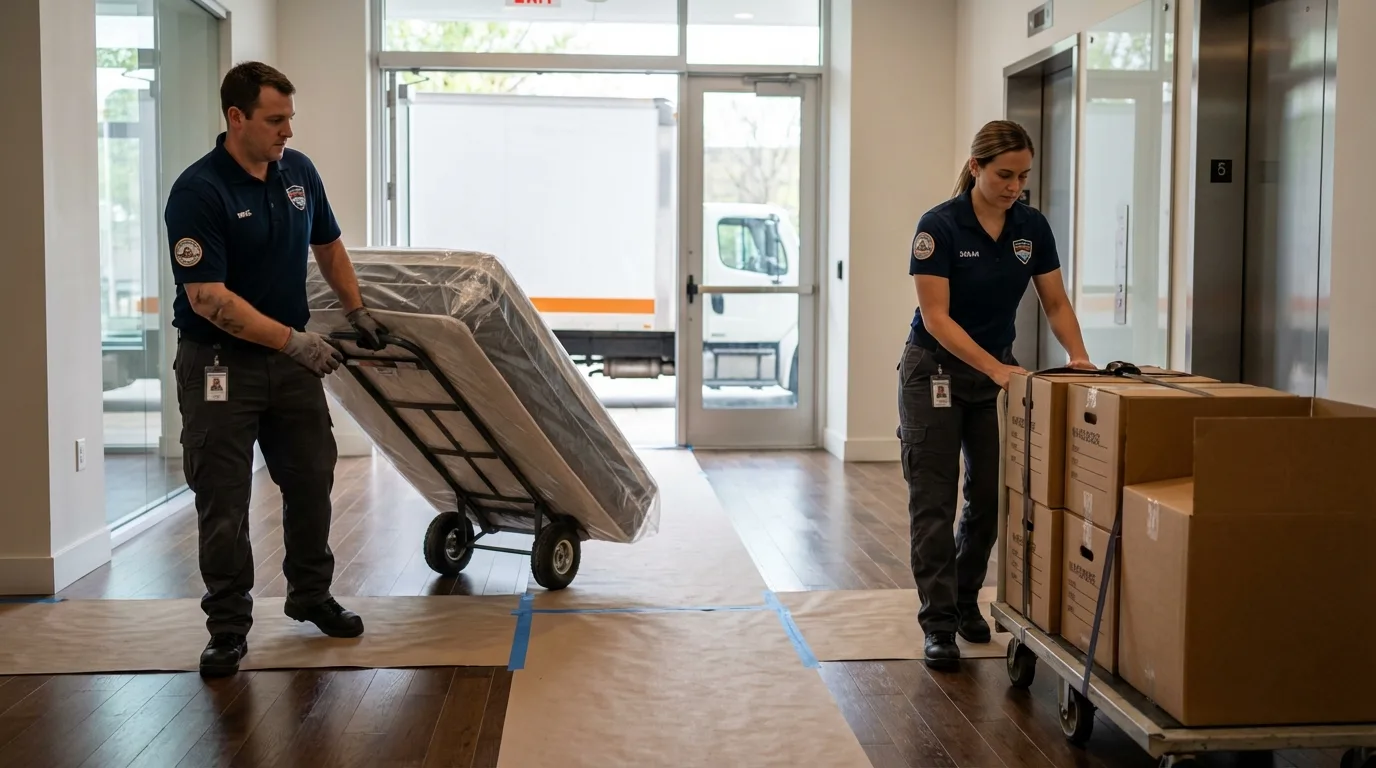 Professional apartment movers loading elevator in Loves Park, IL